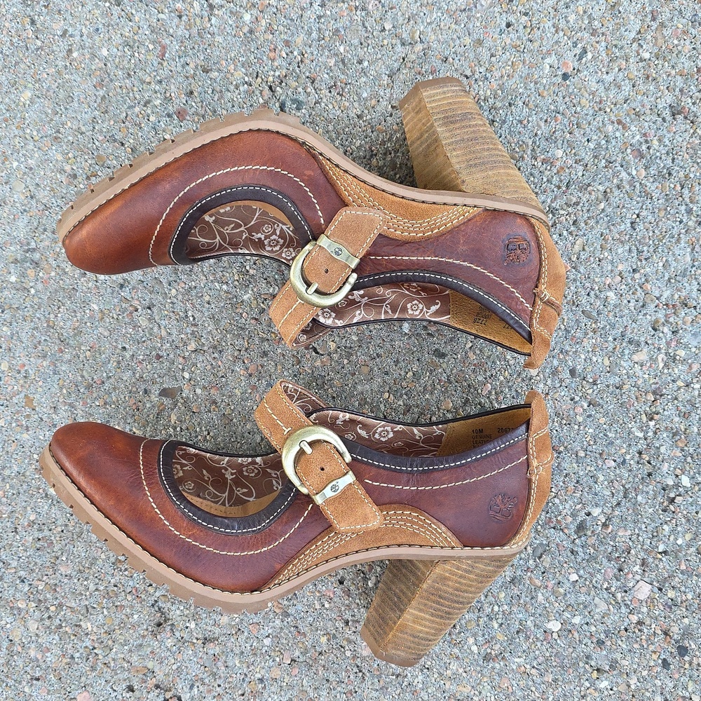 Timberland Brown Tan Leather Earth Keepers Chauncey Mary Jane Buckled Heels - Picture 4 of 10